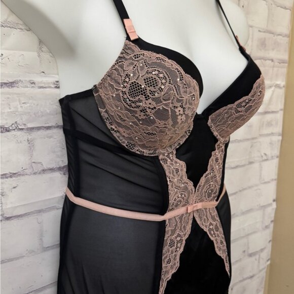 Adore Me XL Underwire Padded Push Up Teddy Garter Bra Corset Neglige Black Pink - Picture 2 of 7